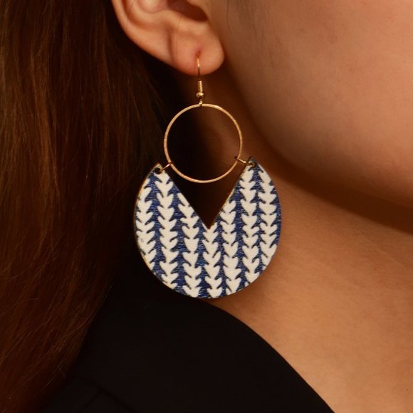 Blue White Gold Organic Geometric Coastal Printed Statement Wooden Earrings Boho - Picture 2 of 10